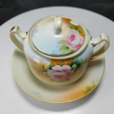 Antique Nippon Hand Painted Lidded Sugar Bowl on Base Plate Pink Roses