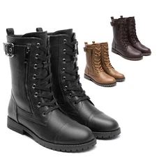 Women's Military Combat Boots Mid Calf Built-in Wallet Pocket Round Toe Boots