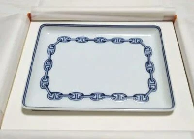 HERMÈS HERMES Paris CHAINE D'ANCRE Change Tray Sushi Plate Porcelain Blue Unused w/ Box