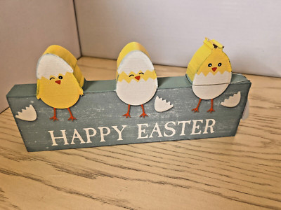 'Happy Easter' Spring Table Top Decor- Wood with 3 Hatched Baby Chicks 10 x 4.5