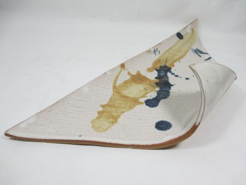 2 Unique Handmade Mid Modern Clay Sushi Plates Wht Glaze Splashed Blue Gold Art - Picture 11 of 12