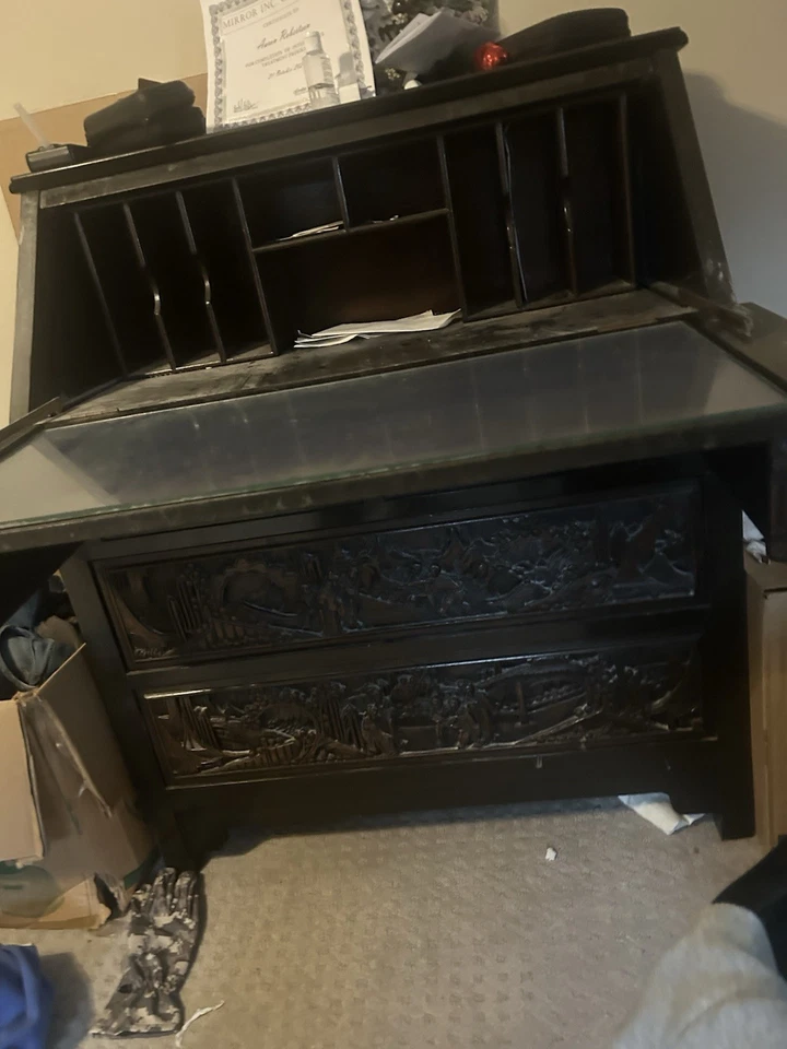 20 世纪初重型手工雕刻红木落叶东方秘书桌 — 第 3/4 张图片