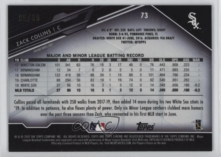 2020 Topps Chrome Black Green Refractor /99 Zack Collins #73 Rookie RC - Image 2 of 2