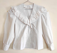 White Lace Collar Blouse Women Cotton Vintage Cottagecore Victorian Shirt L