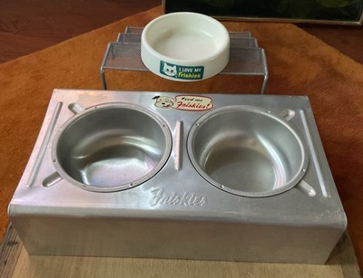 Vtg FRISKIES 2 - RARE Tin Dog Food Feeder Mail In Promo c. 1940 s & Cat Dish