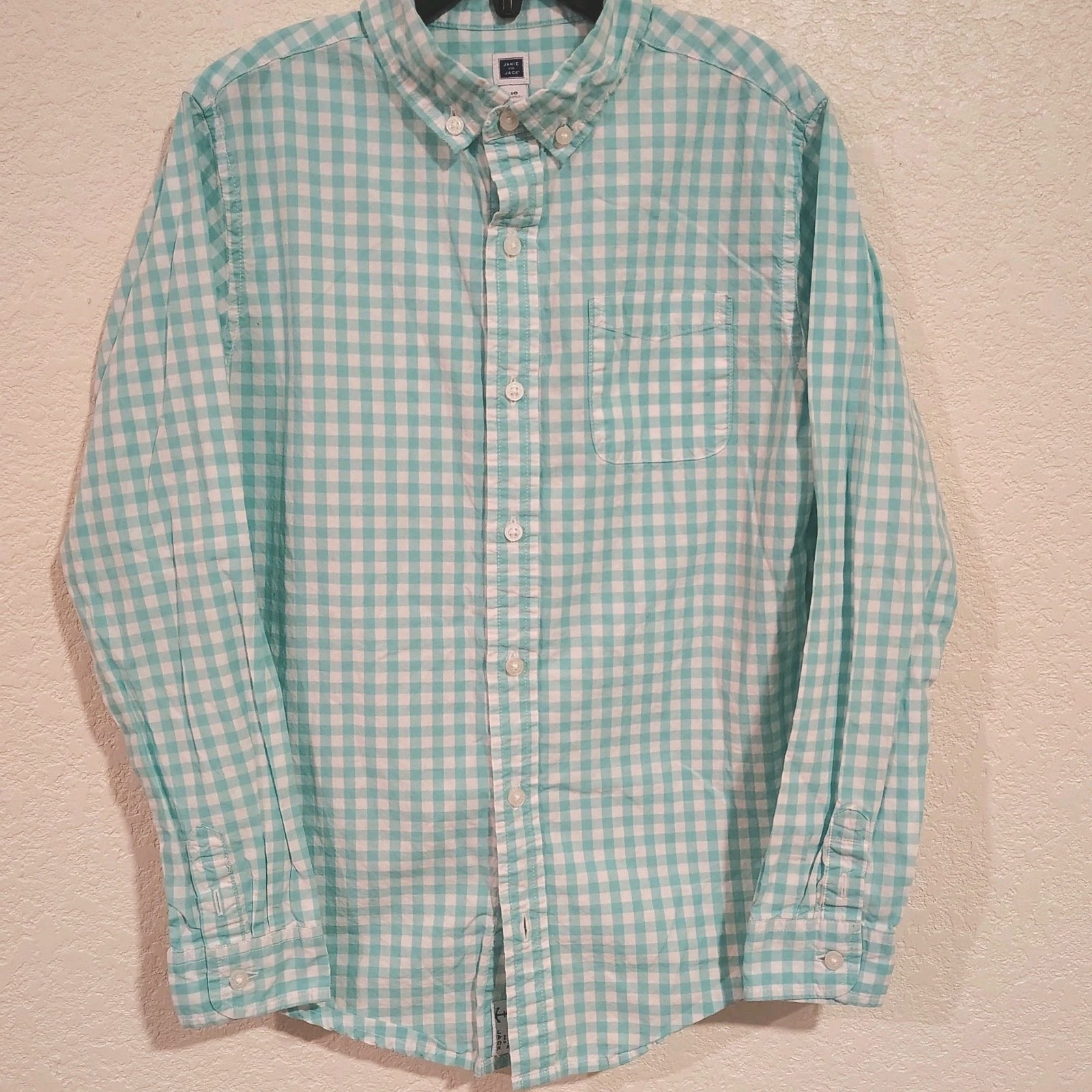 Janie And Jack Boys Size 10 Button Up Gingham Shirt Green Long Sleeve Easter 