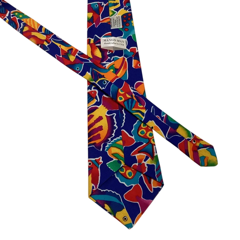 MANGO MAN 100% Cotton Necktie 57” USA Designer Animal FISH Multi-Color EUC Rare - Image 3 of 3