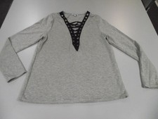 Women's Gray Long Sleeve Shirt Stretch Top Lace Up V Neck Blouse Size M