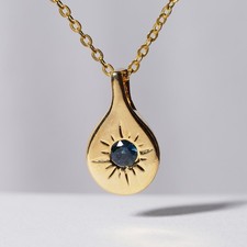 Starburst Royal Blue Sapphire .45ct Flush Gypsy Pendant 18k Gold Vermeil Engrave