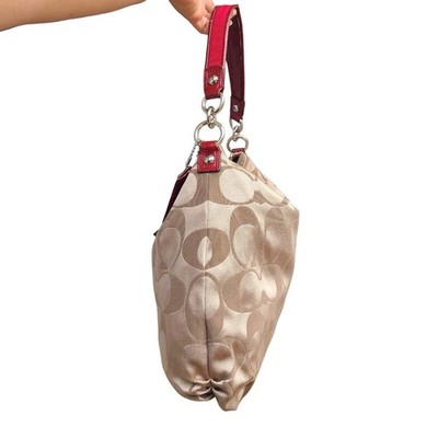 Coach Poppy Signature Shoulder Bag F20064 Red Beige Canvas With