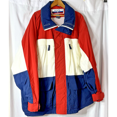 Regatta Jacket Men Large Sailing Full Zip Red White Blue Block Print Hood Lined