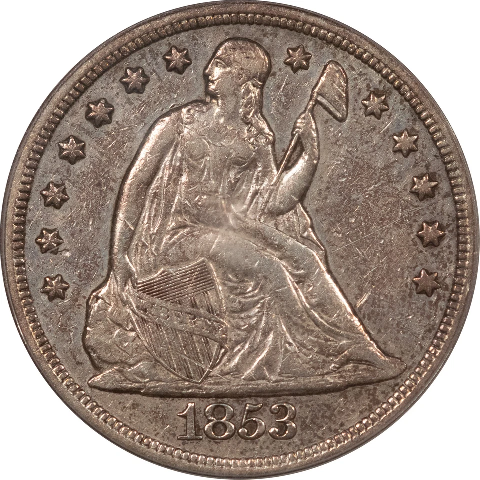 1853 LIBERTY SEATED DOLLAR - PCGS VF-35, OGH, RARE DATE, LOOKS BETTER, NEAT! - Image 2 of 4