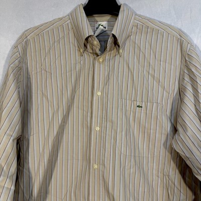 Lacoste Men s Long Sleeve Button Up Shirt Tan Striped Size XL (45) Preppy Dress 