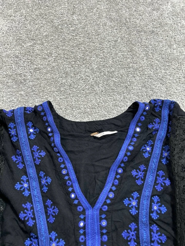 Free People Boogie All Night 农民衬衫上衣女式 XS 黑色蕾丝细节 — 第 3/4 张图片