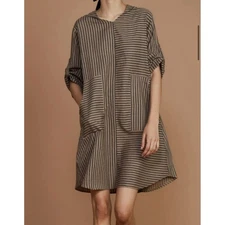 MATI Handwoven Cotton Brown w Charcoal Stripes Hooded Mini Dress Ethical M Boho