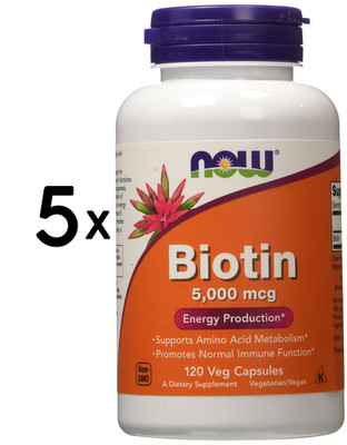 5 x NOW Foods Biotin, 5000mcg - 120 vcaps (122,11 EUR/kg)