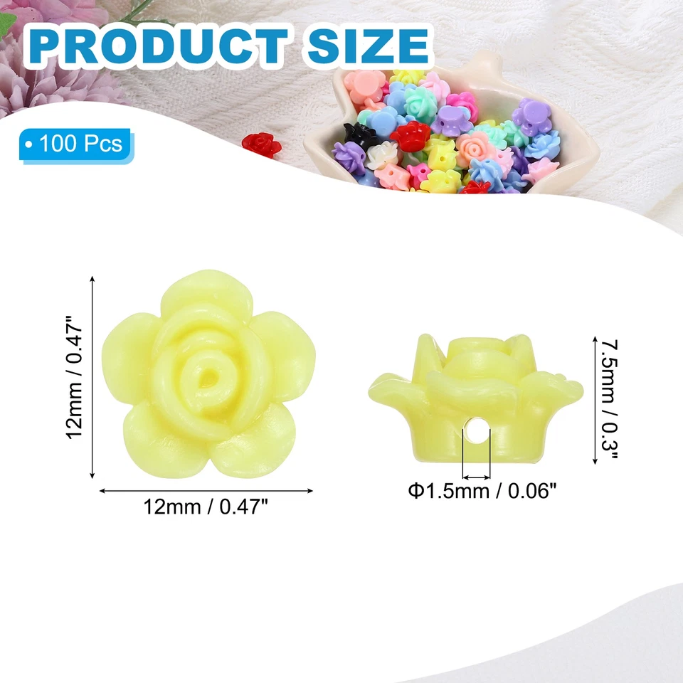 100Pcs Rose Flower Beads 12mm Acrylic Rose Carved for Jewelry Making, Yellow - Image 2 of 4