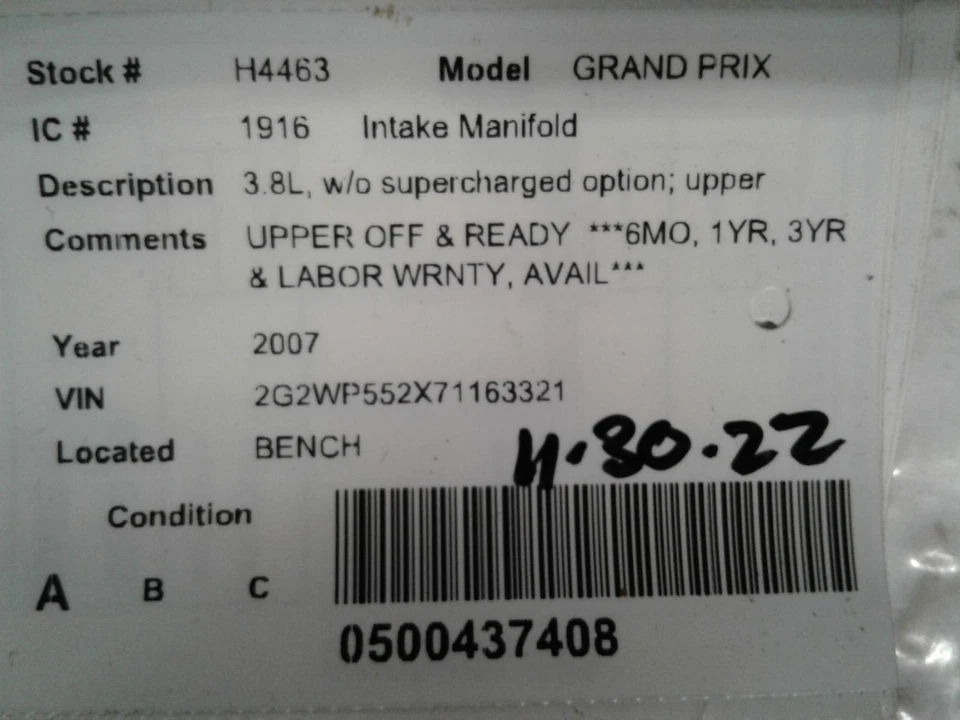 Used Upper Engine Intake Manifold fits: 2007 Pontiac Grand prix 3.8L upper Upper Foto 4 de 4