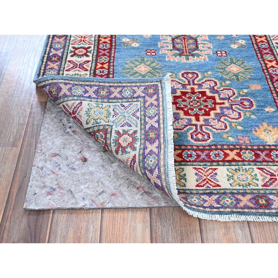 2'8"x6'4" Blue Kazak with Tribal Design Soft Wool Hand Knotted Runner Rug R446 - Image 3 of 4