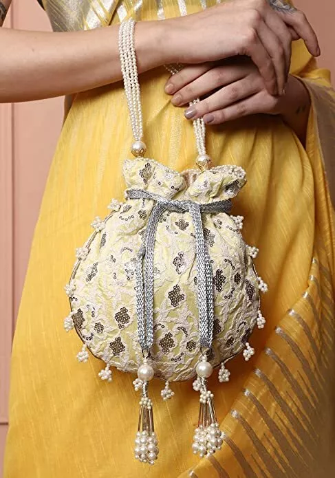 White & Golden Potli, Bridal Embroidered Designer Potli Bag, Wedding Bag  For Women, Clutch Bags, Ethnic