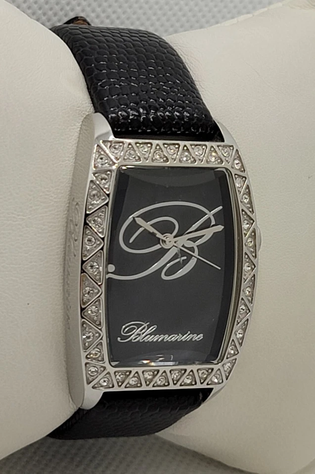 Ladies Blumarine Fancy Silver Tone Paved Bezel Black Dial Leather Band Watch J3 - Image 3 of 4