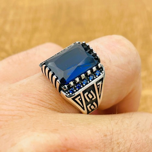 Mens 925K Sterling Silver Ring, Square Blue Sapphire Stone Men Jewelry, All Size - Picture 2 of 10