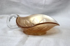 Vintage Dugan Marigold Carnival Glass Handled Nappy Bowl Leaf Rays