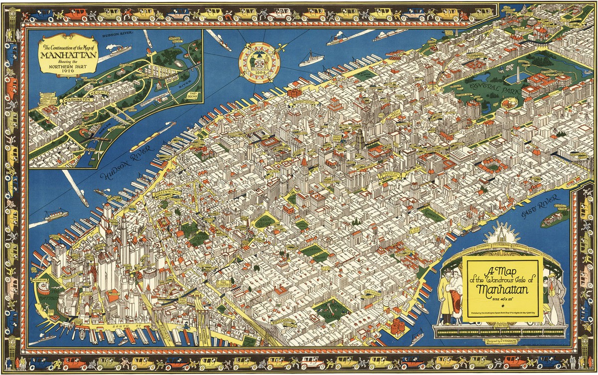 1920 Map Isle of Manhattan New York Historic Pictorial Aerial View