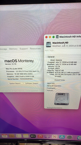 MAC PRO A1481 2013 XEON E5 6-CORE 3.5GHz 16GB 512GB SSD FIREPRO D500 OS MONTEREY - Afbeelding 2 van 9