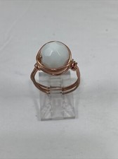 Handmade Copper Wire Wrap White Milk Glass Bead Ring Size 6 1/2 169