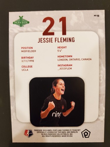 2025 Parkside NWSL Soccer - JESSIE FLEMING, Portland Thorns FC Team Set Card #19 - Picture 2 of 2