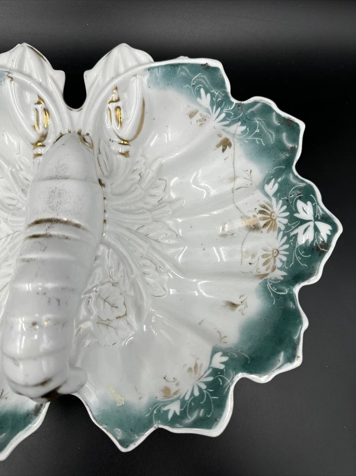 Antiguo J.S. Plato de servir dividido langosta blanca, verde y dorada de porcelana alemana Foto 4 de 4