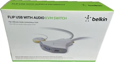 NEW Belkin FLIP F1DG102U 2 port USB VGA Audio Computer KVM switch +Cables Remote