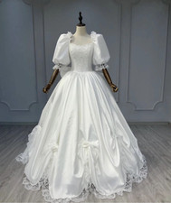 Vintage Satin Wedding Dresses Square Neck Puffy Sleeves A Line Bridal Ball Gowns