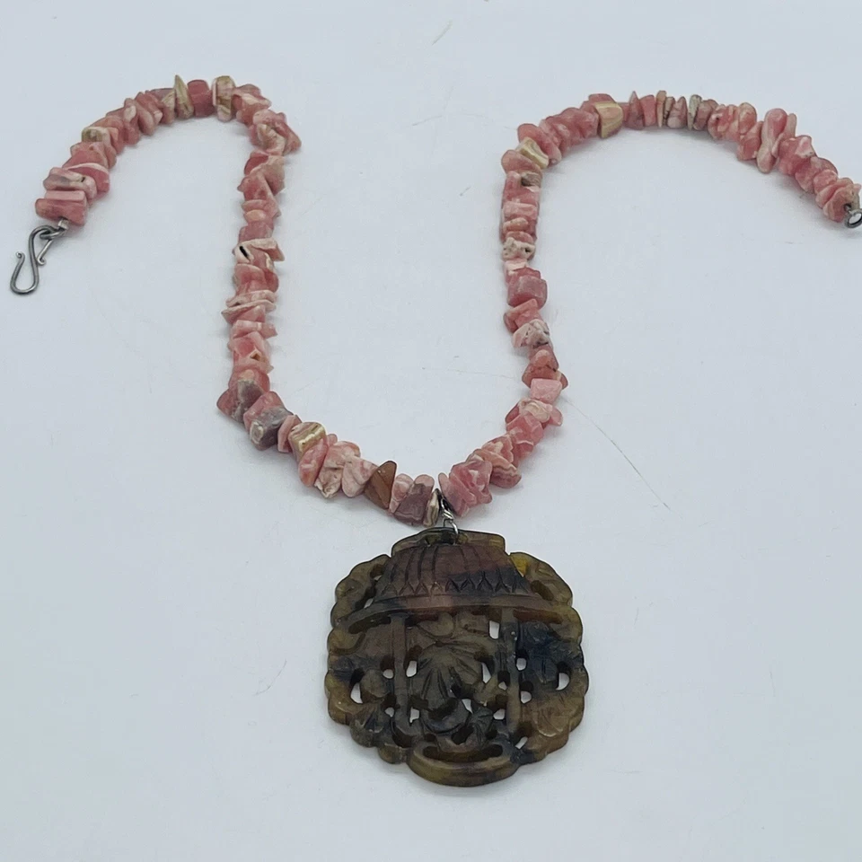 Винтажный китайский родохрозит прядь с резной Russet нефрит подвеска 925 ожерелье - Изображение 2 из 4