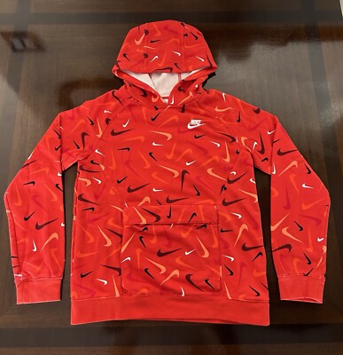 Nike Hoodie Youth/Boys (All Over Nike Swoosh) Pullover Red Size