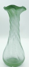 Hand Blown Art Glass Bud Vase Green Speckled Glass Optic Swirl Ruffle Top