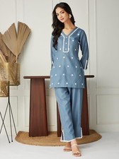 Indian Co-ord Set ; Women Blue/Beige Lace work Solid Cotton Kurta Trouser Set