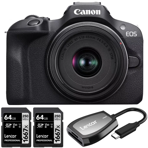 Canon EOS R100 Mirrorless Camera +RF-S18-45mm STM Lens +2x 64GB Card+Card Reader