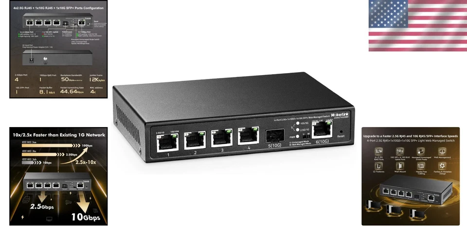 Interruptor metálico sin ventilador de 4 puertos 2.5G con ranura 10G SFP+ - Ideal para hogar y oficina Foto 2 de 4