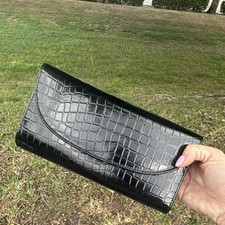 Black Crocodile Embossed Clutch Silver Hardware Women s Inner Pockets