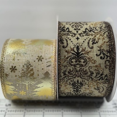 Christmas Ribbon Gold 14 Yards Total Remnants 2.5  Wide Damask Trees