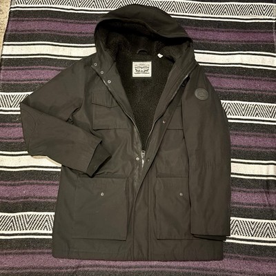 Levi s Parka Jacket Heavy Hooded Soft Shell Full Zip Winter Black Patch Size L