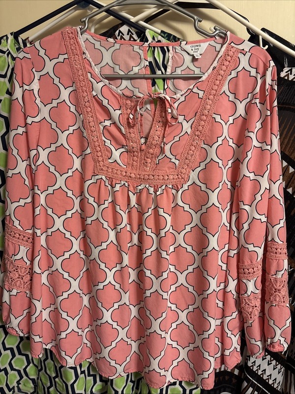 Ladies Crown & Ivy Petite Large Pink 3/4 Sleeve Blouse
