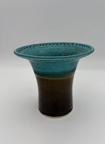 Turquoise Brown Speckled Abstract Art Pottery Earring Holder Jar Signed 5"