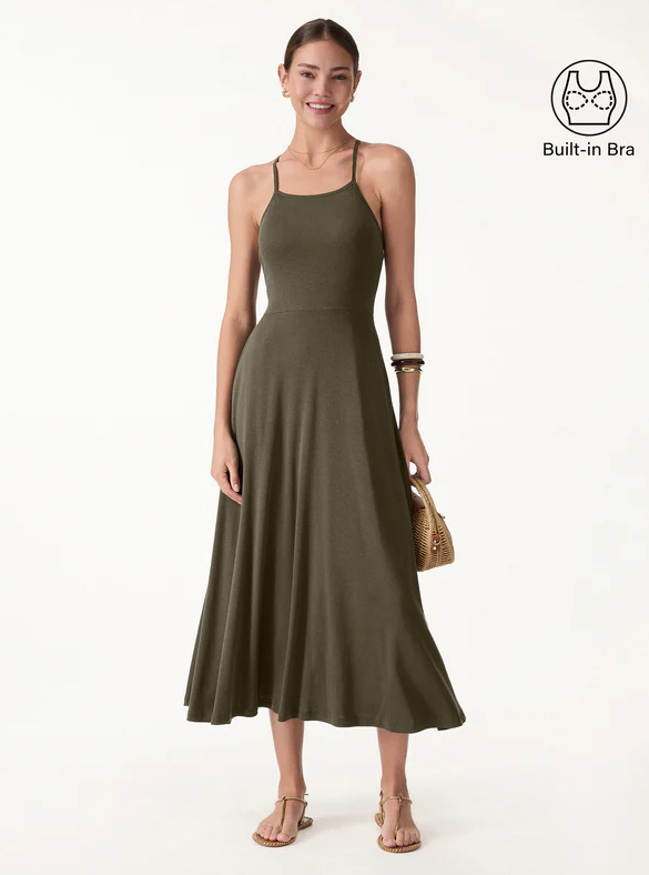 Hot Deal OGL Soft Linen Knit Spaghetti Midi Bra Dress, Olive Green