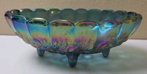 VTG Indiana Iridescent Blue Carnival Glass Harvest Grape Oval Footed Bowl 12"