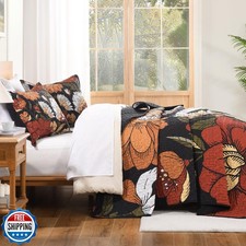 Andency Floral Boho Quilt King Size Bedding Set Black, 3 Pieces Farmhouse Flo...