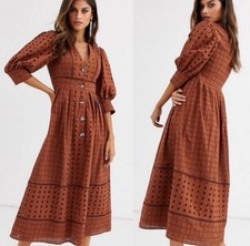ASOS Design Brown Boho Eyelet Midi Dress Prairie Cottagecore Size 8