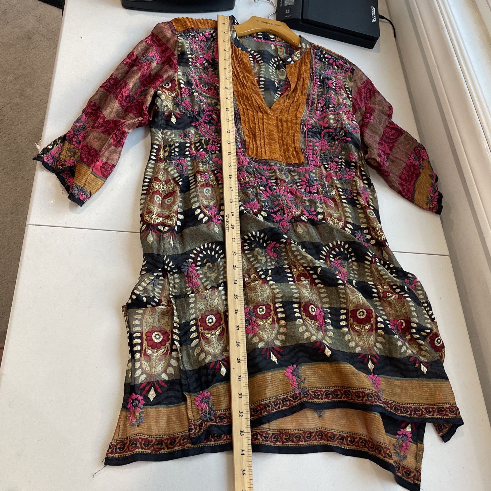 Embroidered Tunic Boho Artsy Sheer Shimmer Blouse Top Fall Global Travel Floral